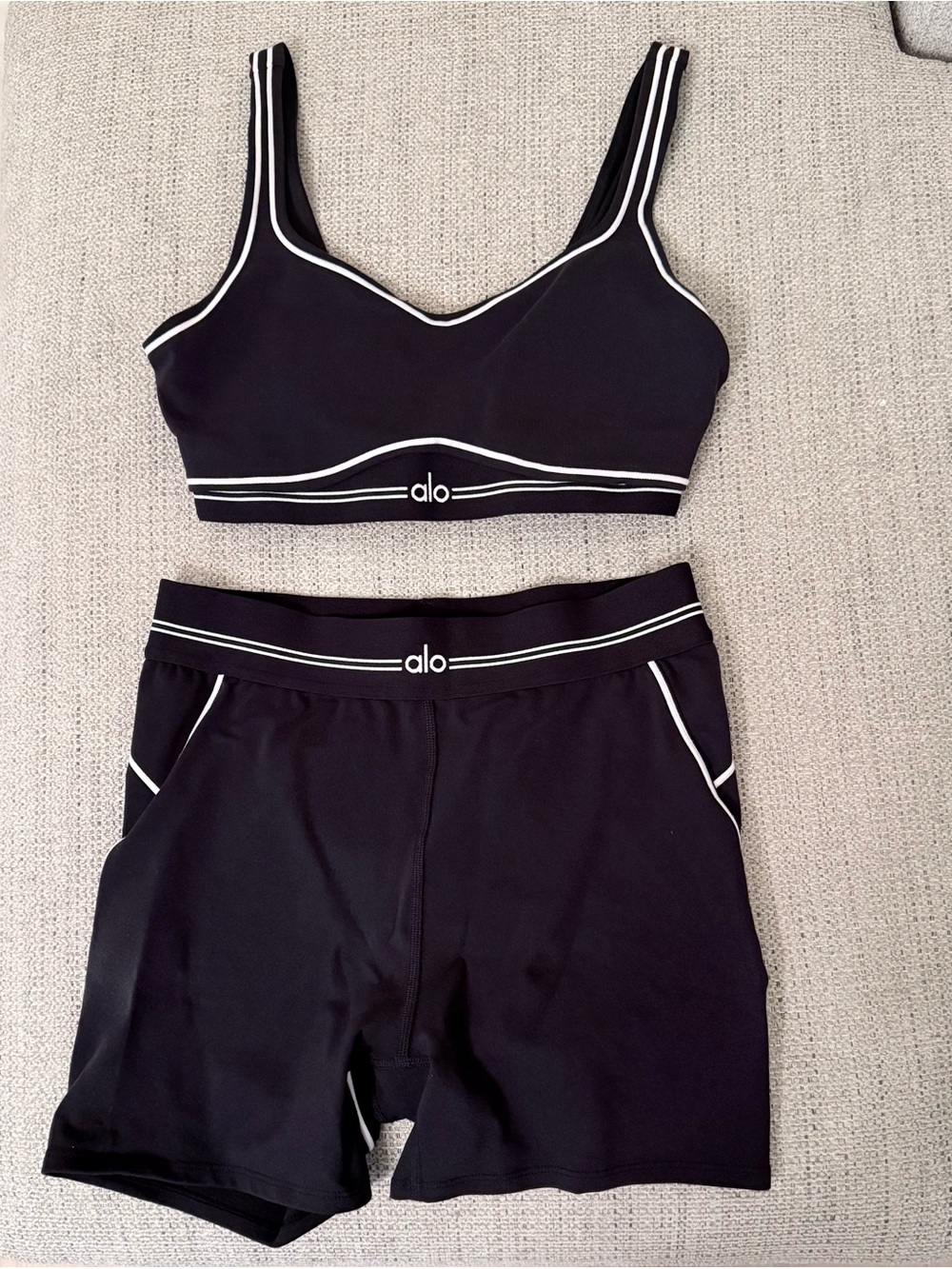 ALO Yoga Black Bralette and High-Rise Shorts with White Trim